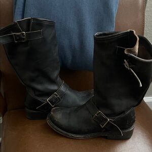 Freebird Black Leather Moto Buckle Boots with Brass Hardware Barley worn
